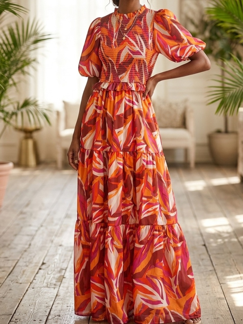 Peach Love Women's Orange & Pink Abstract Puff-Sleeve Maxi Dress Size M